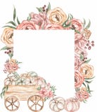 Pink Flowers and Pumpkin in the cart wreath Clipart, Watercolor Caramel flowers and greenery frame illustration, Vintage florals