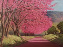 Pink flowers trees, original oil painting