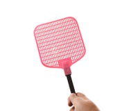 Pink flyswatter in hand on white