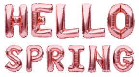 Pink golden words HELLO SPRING made of inflatable balloons isolated on white background. Rose gold foil balloon letters, party