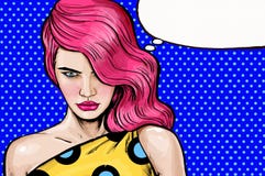 Pink head angry girl in Pop Art style.Pop Art girl.Advertising poster. Comic woman. seriously girl.