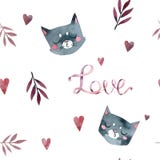 Pink leaves , word love, gray cute cats kiss, many little hearts,pattern royalty free illustration Pink leaves , word love, gray cute cats kiss, many little hearts,pattern royalty free illustration