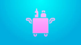 Pink line Trolley for food and beverages icon isolated on blue background. 4K Video motion graphic animation