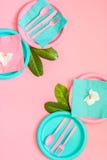 Pink Picnic Set With Contrast Pink And Cyan Colours Paper Plates Stock Photo