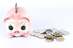 Pink Piggy Bank And Many Coins. Stock Photos