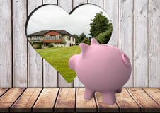 Pink Piggy Bank Looking From The Hole With Heart Shape On The Wood Where We Can See A House Royalty Free Stock Photography Pink Piggy Bank Looking From The Hole With Heart Shape On The Wood Where We Can See A House Royalty Free Stock Photography