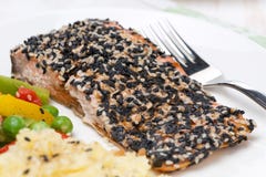 Pink Salmon Fillet In Sesame Breaded, Close-up Royalty Free Stock Photos
