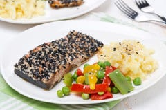 Pink Salmon Fillet In Sesame, Vegetables, Potatoes Stock Photography