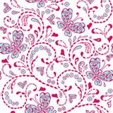 Pink seamless decorative pattern with butterflies hearts embroidery. stock illustration Pink seamless decorative pattern with butterflies hearts embroidery. stock illustration