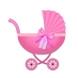 Pink Stroller with a bow for baby girl. Baby Shower invitation. Baby carriage in realistic style on isolated background. vector vector illustration Pink Stroller with a bow for baby girl. Baby Shower invitation. Baby carriage in realistic style on isolated background. vector vector illustration