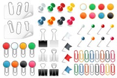 Pins paper clips. Push pins fasteners staple tack pin colored paper clip office organized announcement, realistic vector vector illustration Pins paper clips. Push pins fasteners staple tack pin colored paper clip office organized announcement, realistic vector vector illustration