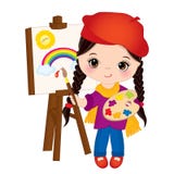 Pintura da menina do vetor na armação Artista pequeno Vetora Illustration ilustração stock Pintura da menina do vetor na armação Artista pequeno Vetora Illustration ilustração stock