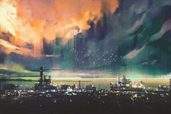 Pintura digital del paisaje de la ciudad de la ciencia ficción stock de ilustración Pintura digital del paisaje de la ciudad de la ciencia ficción stock de ilustración