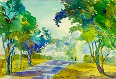 Pintura original da paisagem da aquarela colorida do exercício e da emoção da manhã ilustração do vetor Pintura original da paisagem da aquarela colorida do exercício e da emoção da manhã ilustração do vetor