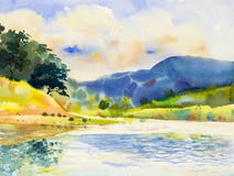 Pintura original da paisagem da aquarela colorida do rio ilustração royalty free Pintura original da paisagem da aquarela colorida do rio ilustração royalty free