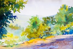 Pintura original del paisaje de la acuarela colorida del bosque ilustración del vector Pintura original del paisaje de la acuarela colorida del bosque ilustración del vector