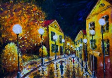 Pintura a óleo - cidade da noite da noite, casas amarelas, luzes brancas, povos com guarda-chuvas, estrada molhada, reflexão ilustração do vetor Pintura a óleo - cidade da noite da noite, casas amarelas, luzes brancas, povos com guarda-chuvas, estrada molhada, reflexão ilustração do vetor