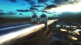 Pipeline transportation oil, natural gas or water in metal pipe. Oil concept. Realistic cinematic 4K animation.