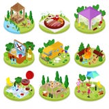 Pique-nique isométrique de BBQ Camp de vacances d'été Les gens en parc avec de la viande grillée illustration libre de droits Pique-nique isométrique de BBQ Camp de vacances d'été Les gens en parc avec de la viande grillée illustration libre de droits