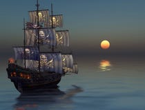 Piraatschip die in de zonsondergang varen royalty-vrije illustratie Piraatschip die in de zonsondergang varen royalty-vrije illustratie