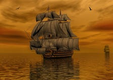 Pirata statek na spokój wody 3d renderingu ilustracji Pirata statek na spokój wody 3d renderingu ilustracji