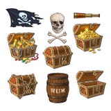 Pirate objects, treasure chests, flag, rum barrel vector illustration Pirate objects, treasure chests, flag, rum barrel vector illustration