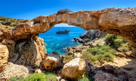 Pirate Ship Through Rock Arch,cyprus Stock Image Pirate Ship Through Rock Arch,cyprus Stock Image