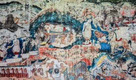 Pittura murala di stile tailandese antico di Lanna della vita di Buddha fotografia stock libera da diritti Pittura murala di stile tailandese antico di Lanna della vita di Buddha fotografia stock libera da diritti