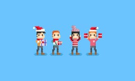 Pixel happy people holding gift box.Chrismas.8bit. vector illustration Pixel happy people holding gift box.Chrismas.8bit. vector illustration
