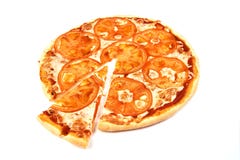 Pizza Margherita e uma fatia no fundo branco fotografia de stock royalty free Pizza Margherita e uma fatia no fundo branco fotografia de stock royalty free
