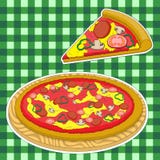 Pizza och en skiva av pizza på en grön caged bakgrund stock illustrationer Pizza och en skiva av pizza på en grön caged bakgrund stock illustrationer