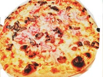 Pizza z baleronem i pomidorem odizolowywającymi na bielu obrazy royalty free Pizza z baleronem i pomidorem odizolowywającymi na bielu obrazy royalty free