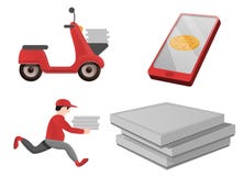 Pizzaleveranssymboler uppsättning, tecknad filmstil royaltyfri illustrationer Pizzaleveranssymboler uppsättning, tecknad filmstil royaltyfri illustrationer