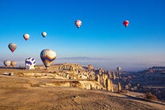 Piękny wschód słońca widok od balonu przy Cappadocia, Turcja obraz stock Piękny wschód słońca widok od balonu przy Cappadocia, Turcja obraz stock
