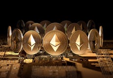 Pièces de monnaie d'Ethereum se tenant sur la carte vidéo en gros plan Utilisant les cartes vidéo puissantes pour extraire et gag illustration stock Pièces de monnaie d'Ethereum se tenant sur la carte vidéo en gros plan Utilisant les cartes vidéo puissantes pour extraire et gag illustration stock