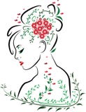 Piękna kobiety twarz od strona profilu z czerwonymi wargami otaczać zieleń liśćmi, motylami i czerwonym kwiatu bukietem w włosy, ilustracji Piękna kobiety twarz od strona profilu z czerwonymi wargami otaczać zieleń liśćmi, motylami i czerwonym kwiatu bukietem w włosy, ilustracji