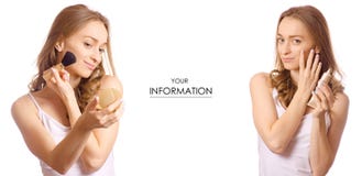 Piękna młoda kobieta z rumiena muśnięcia kremową podstawą w ręki piękna makeup setu wzorze fotografia royalty free Piękna młoda kobieta z rumiena muśnięcia kremową podstawą w ręki piękna makeup setu wzorze fotografia royalty free