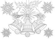Piękni Bożenarodzeniowi dzwony, łęk i liście z spada płatek śniegu dla, kart, ilustracji i kolorystyki książki strony dla antego ilustracji Piękni Bożenarodzeniowi dzwony, łęk i liście z spada płatek śniegu dla, kart, ilustracji i kolorystyki książki strony dla antego ilustracji