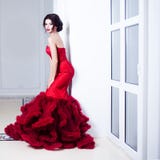 Piękno brunetki modela kobieta w wieczór czerwieni sukni Pięknej mody luksusowy makeup i fryzura Uwodzicielska sylwetka Dziewczyn zdjęcie royalty free Piękno brunetki modela kobieta w wieczór czerwieni sukni Pięknej mody luksusowy makeup i fryzura Uwodzicielska sylwetka Dziewczyn zdjęcie royalty free