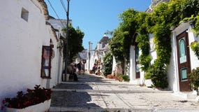 Piękny miasteczko Alberobello z trulli domami wśród zielonych rośliien i kwiatów, główny turystyczny okręg, Apulia region, Połudn obrazy royalty free Piękny miasteczko Alberobello z trulli domami wśród zielonych rośliien i kwiatów, główny turystyczny okręg, Apulia region, Połudn obrazy royalty free