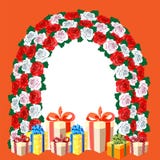 Piękny łuk kwiaty Biel, menchia, czerwone róże Prezentów pudełka z jaskrawymi faborkami i łękami motyla opadowy kwiecisty kwiatów royalty ilustracja Piękny łuk kwiaty Biel, menchia, czerwone róże Prezentów pudełka z jaskrawymi faborkami i łękami motyla opadowy kwiecisty kwiatów royalty ilustracja