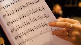 Piękny żeński muzyczny kompozytor patrzeje muzyczne notatki Kobiet spojrzenia przy notatkami na fortepianowym zbliżeniu obraz stock Piękny żeński muzyczny kompozytor patrzeje muzyczne notatki Kobiet spojrzenia przy notatkami na fortepianowym zbliżeniu obraz stock