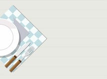 Placa, cuchillo y bifurcación en la tabla de madera Visión desde la tapa stock de ilustración Placa, cuchillo y bifurcación en la tabla de madera Visión desde la tapa stock de ilustración