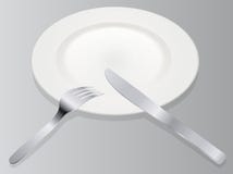 Place setting 3D vector illustration realistic empty plate with knife and fork isolated on gray background in isometric view on se vector illustration Place setting 3D vector illustration realistic empty plate with knife and fork isolated on gray background in isometric view on se vector illustration