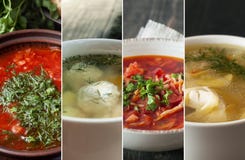 Placez avec différentes soupes délicieuses à betterave Cuisson des recettes photo stock Placez avec différentes soupes délicieuses à betterave Cuisson des recettes photo stock