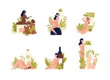 Placez de compositions promotionnelles avec de belles jeunes femmes nues, feuilles exotiques et produits organiques naturels de c illustration de vecteur Placez de compositions promotionnelles avec de belles jeunes femmes nues, feuilles exotiques et produits organiques naturels de c illustration de vecteur
