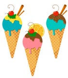 Placez de la crème glacée trois dans un cône de gaufre avec un décor lumineux des baies, des bâtons de cannelle, des tranches ora illustration stock Placez de la crème glacée trois dans un cône de gaufre avec un décor lumineux des baies, des bâtons de cannelle, des tranches ora illustration stock