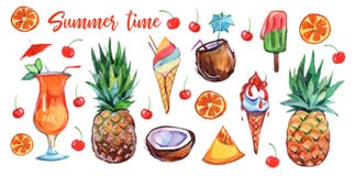 Placez de la nourriture exotique colorée d'été sur le fond blanc Conception de bande dessinée Fruit frais Nourriture exotique Fru illustration libre de droits Placez de la nourriture exotique colorée d'été sur le fond blanc Conception de bande dessinée Fruit frais Nourriture exotique Fru illustration libre de droits