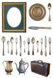 Placez des beaux articles antiques, cadres de tableau, meubles, plats r?tro cru D'isolement sur le fond blanc image libre de droits Placez des beaux articles antiques, cadres de tableau, meubles, plats r?tro cru D'isolement sur le fond blanc image libre de droits
