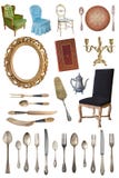 Placez des beaux articles antiques, cadres de tableau, meubles, plats r?tro cru D'isolement sur le fond blanc photographie stock libre de droits Placez des beaux articles antiques, cadres de tableau, meubles, plats r?tro cru D'isolement sur le fond blanc photographie stock libre de droits